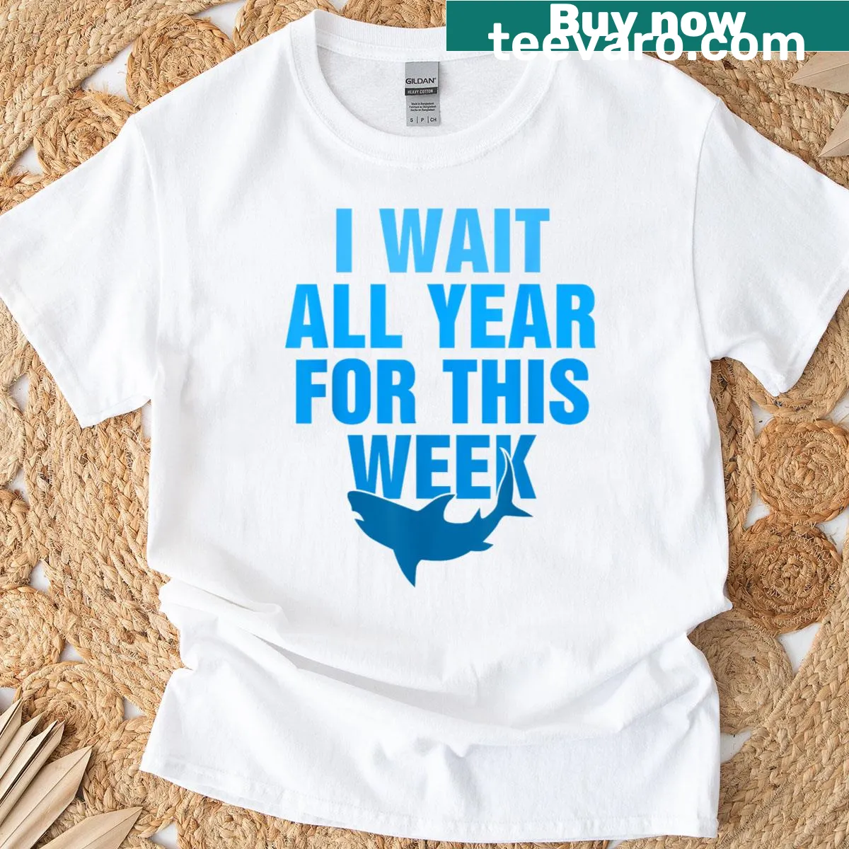 Shark lover t-shirt with text about waiting for shark week and ocean motifs — on a men's t-shirt