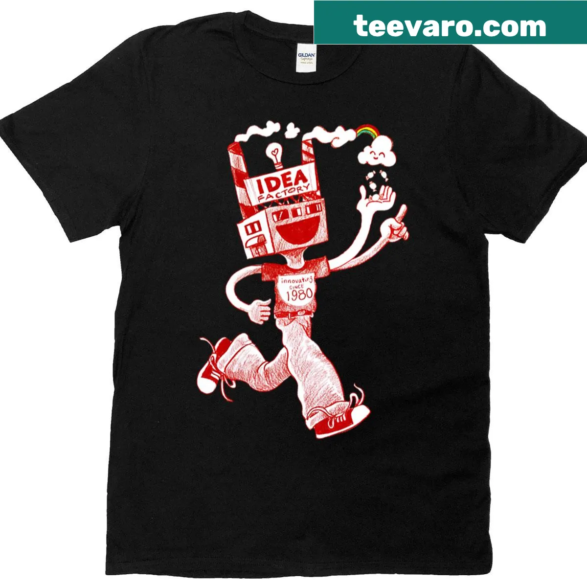 T-shirt with the phrase 'Idea Factory - Innovating Since 1980' in modern typography — on a men's t-shirt