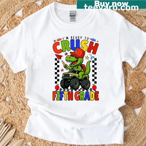 T-shirt with dinosaur and monster truck design for fifth graders