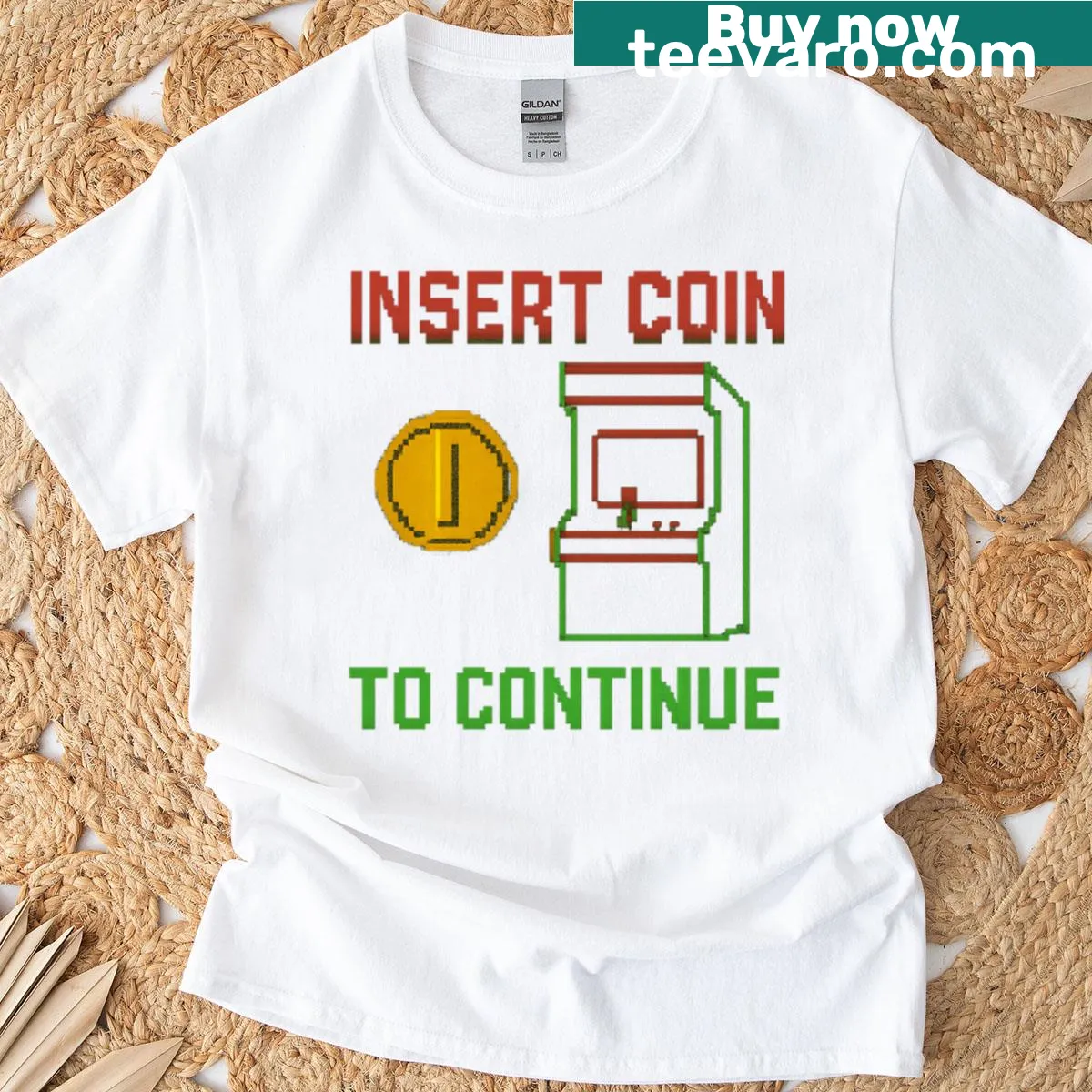 Retro arcade gaming tee with 'Insert Coin To Continue' and pixel art — on a men's t-shirt