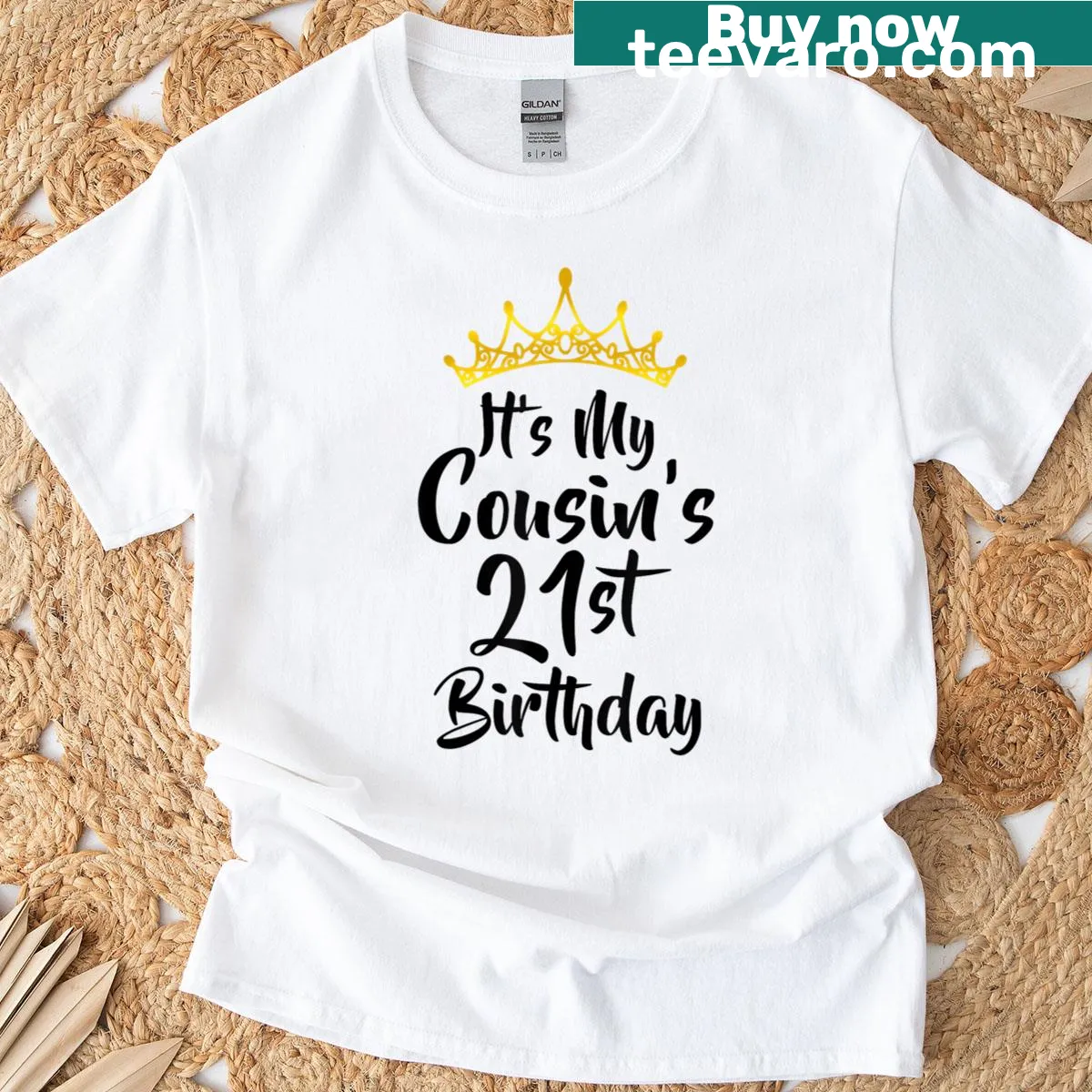 Cousins 21st birthday t-shirt with crown illustration and happy text — on a men's t-shirt