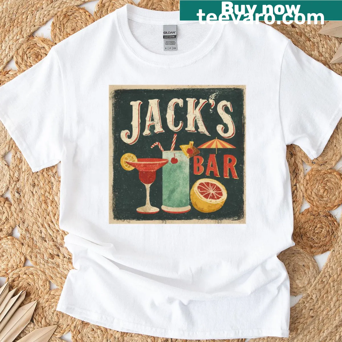 Vintage bar logo tee with hand-drawn bottles and cocktails — on a men's t-shirt