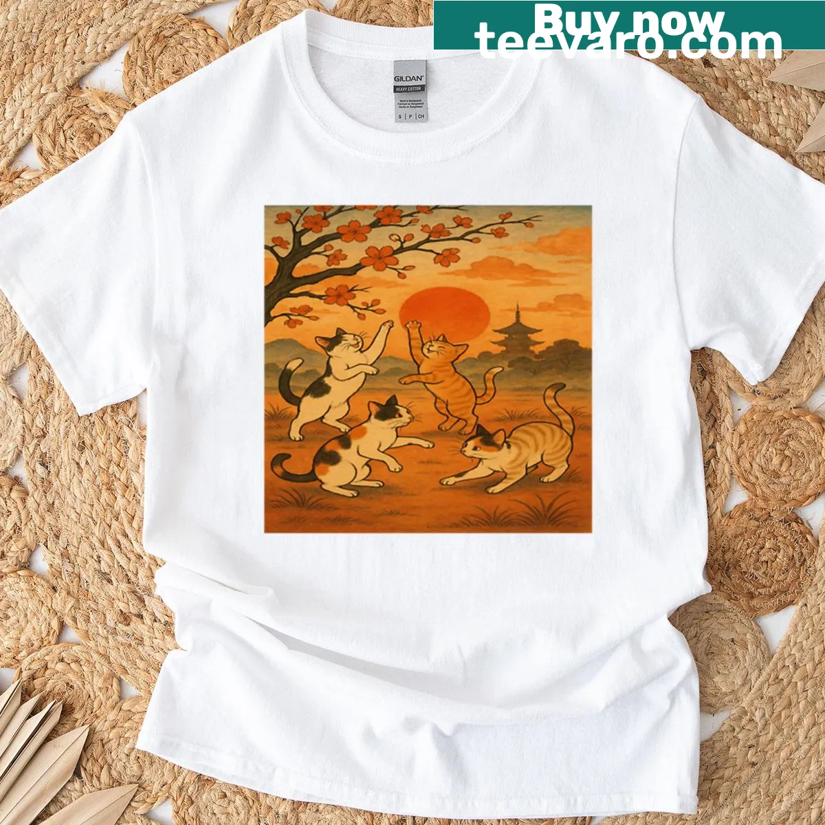 Traditional art t-shirt featuring Japanese cats at sunset — on a men's t-shirt