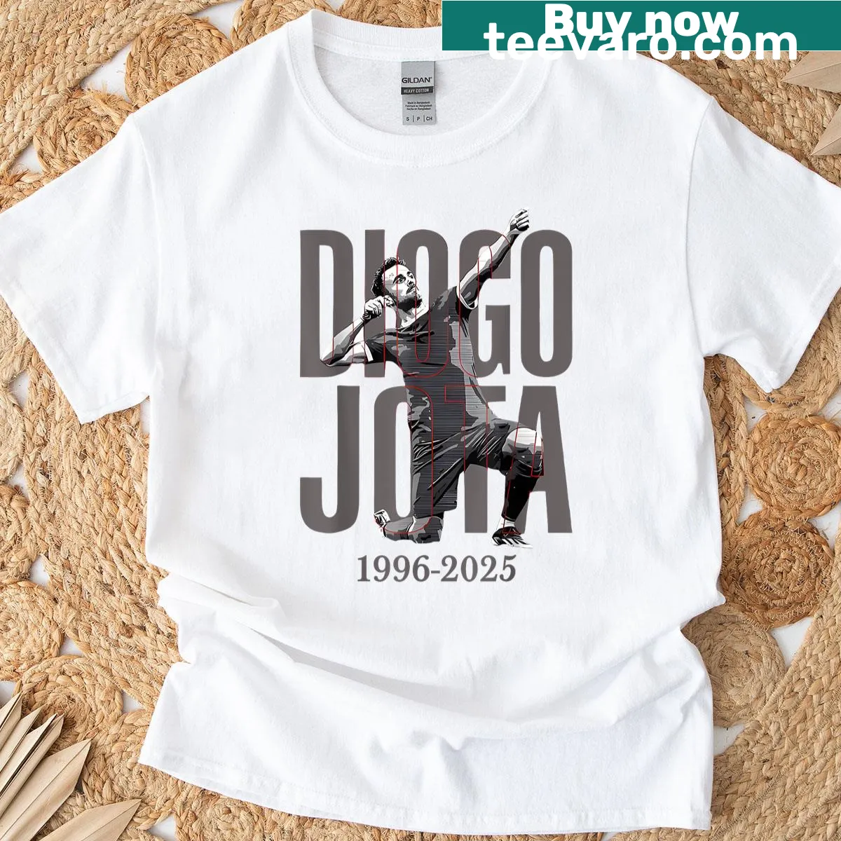 Memorial T-shirt with illustrated tribute and dates — on a men's t-shirt