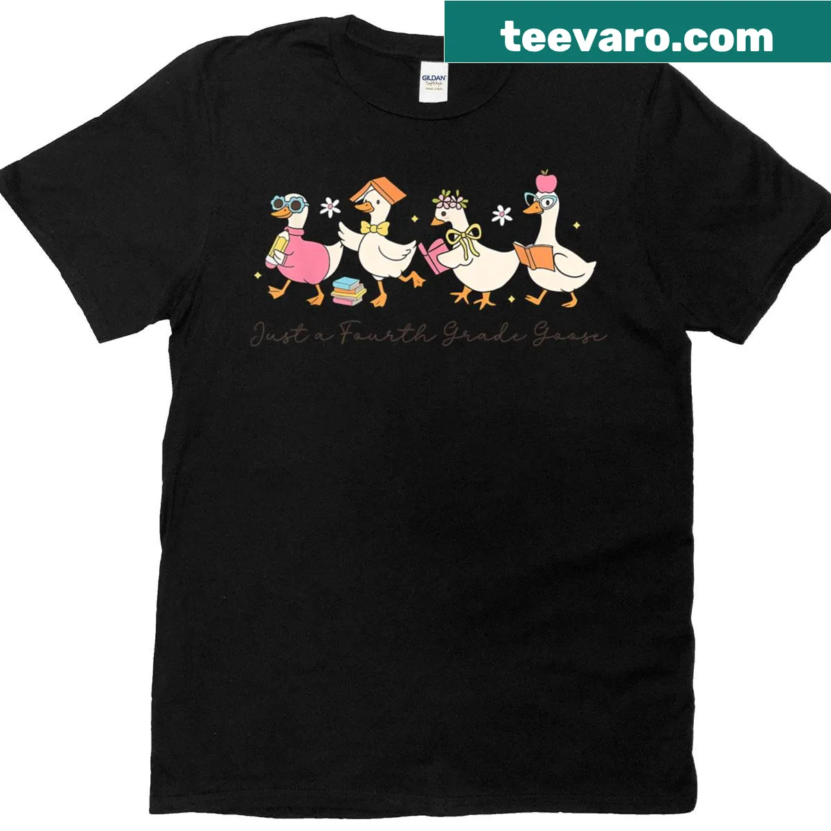 Fourth-grade teacher t-shirt with cute goose design and text — on a men's t-shirt