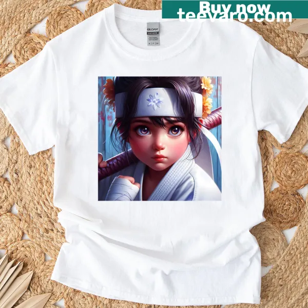 Cute cartoon girl in white karate gi performing a kick