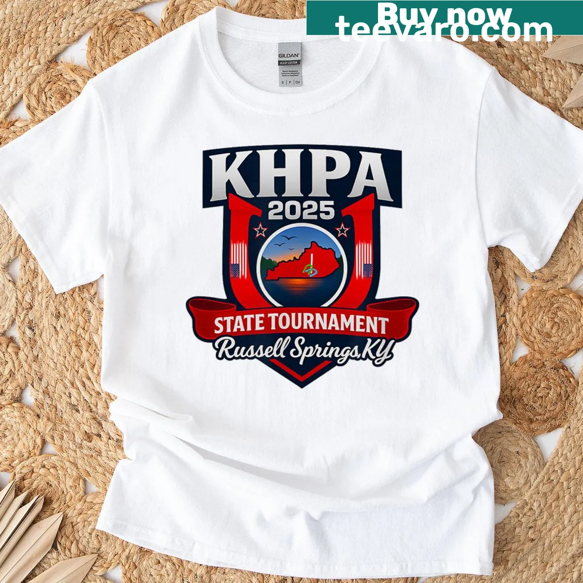 Khpa 2025 State Tournament logo for Russell Springs on t-shirt — on a men's t-shirt