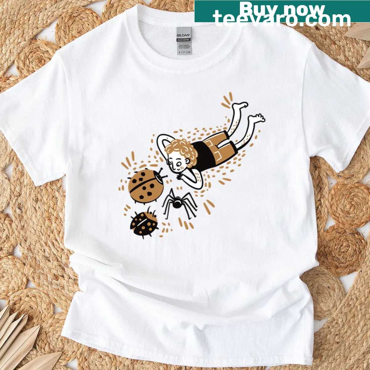 Illustration of a kid looking at bugs on the ground — on a men's t-shirt