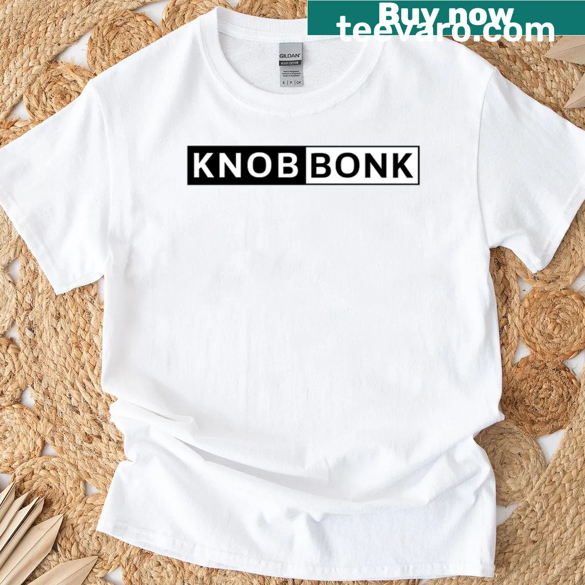Bold humorous wordplay t-shirt with the phrase 'Knob Bonk' — on a men's t-shirt