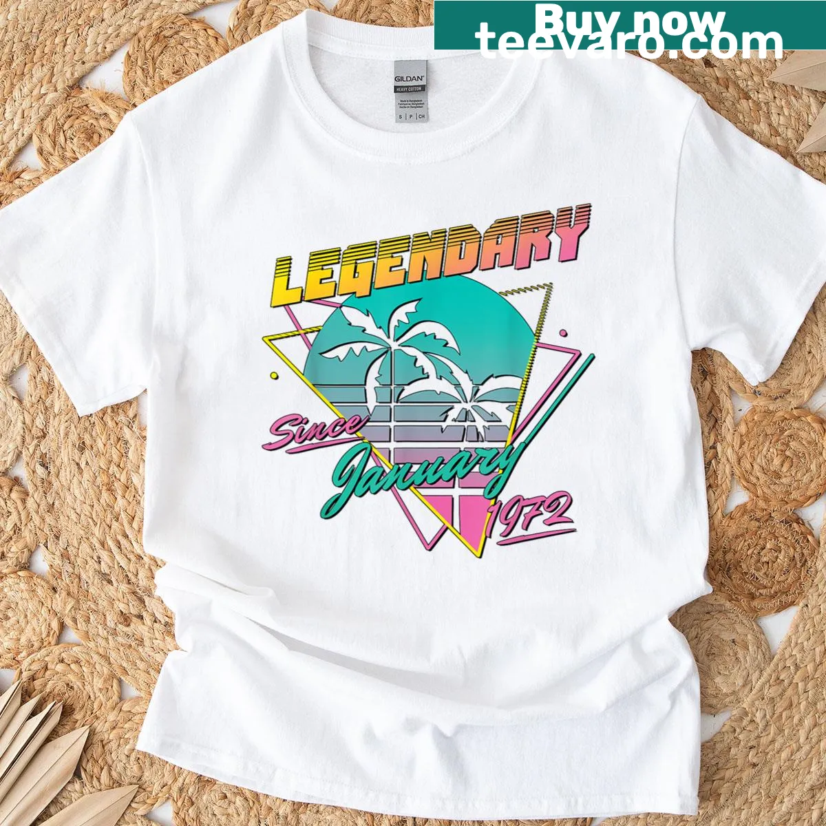 Birthday t-shirt with 'Legendary Since January 1972' text — on a men's t-shirt