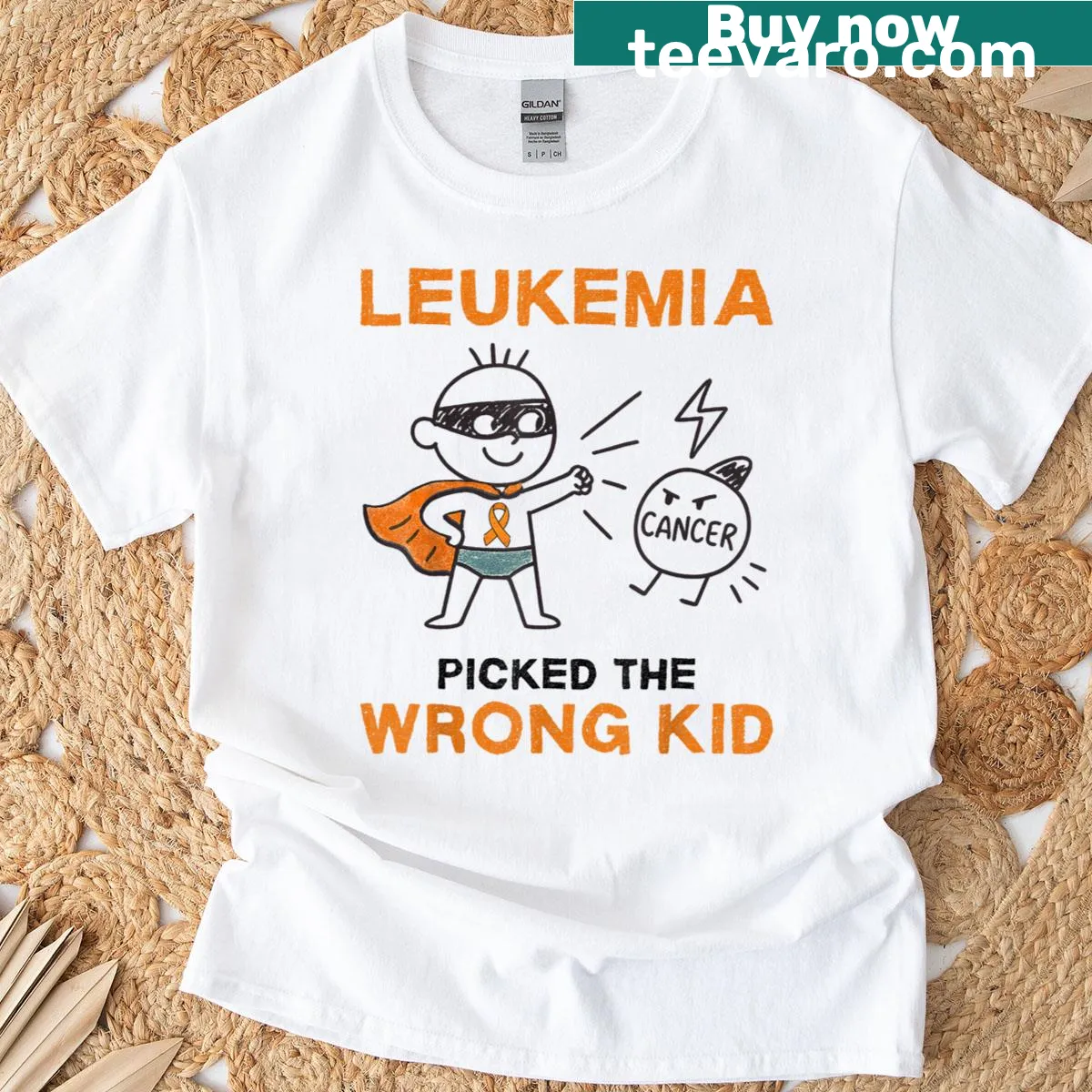 Leukemia awareness shirt with text 'Leukemia Picked The Wrong Kid' — on a men's t-shirt