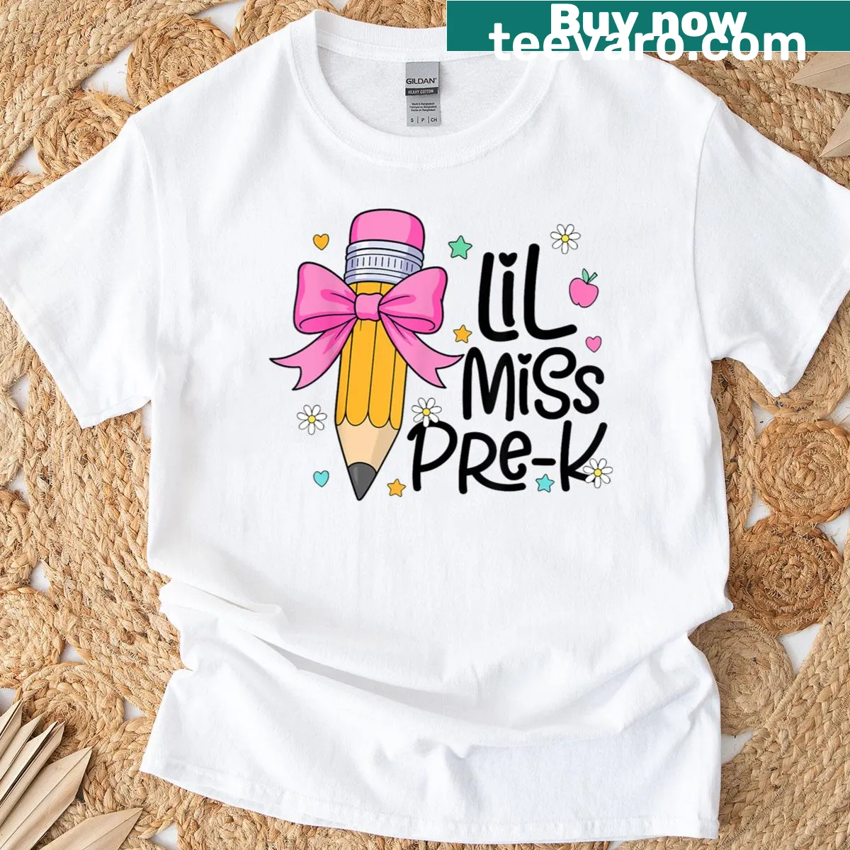 Little Miss Pre-k t-shirt with pencil and bow illustration — on a men's t-shirt