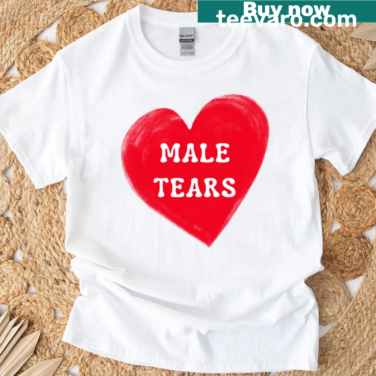 Humorous feminist t-shirt with Male Tears typography — on a men's t-shirt