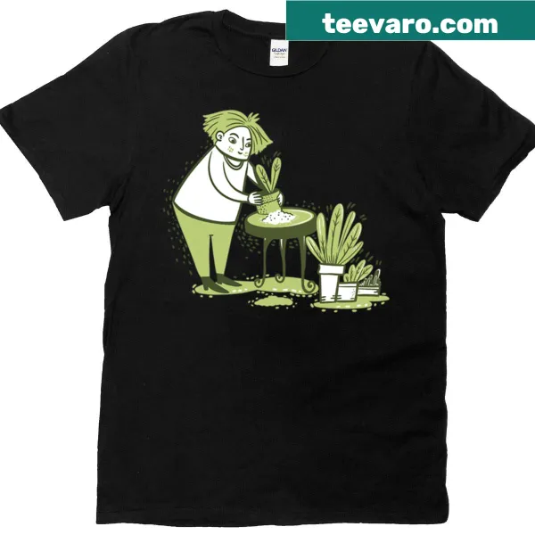 Illustration of a man potting succulents on a T-shirt.