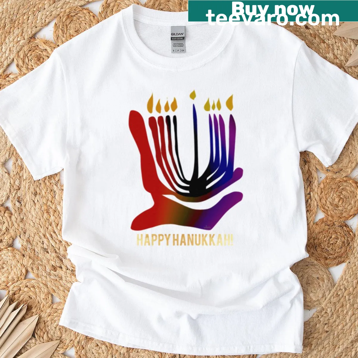 Menorah design T-shirt with Happy Hanukkah text — on a men's t-shirt