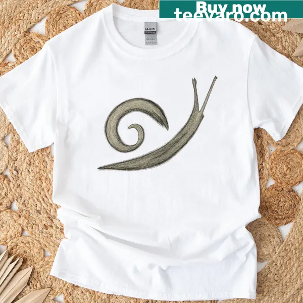 Minimalist snail brush stroke design in ink art style on T-shirt