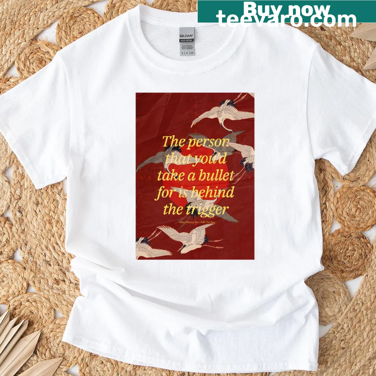 Nostalgic Fall Out Boy lyric design graphic on T-shirt — on a men's t-shirt