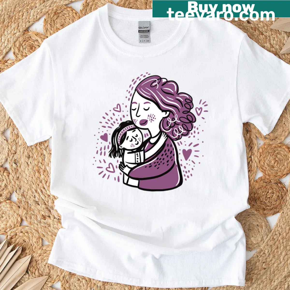 Illustration of a mother and daughter hugging — on a men's t-shirt