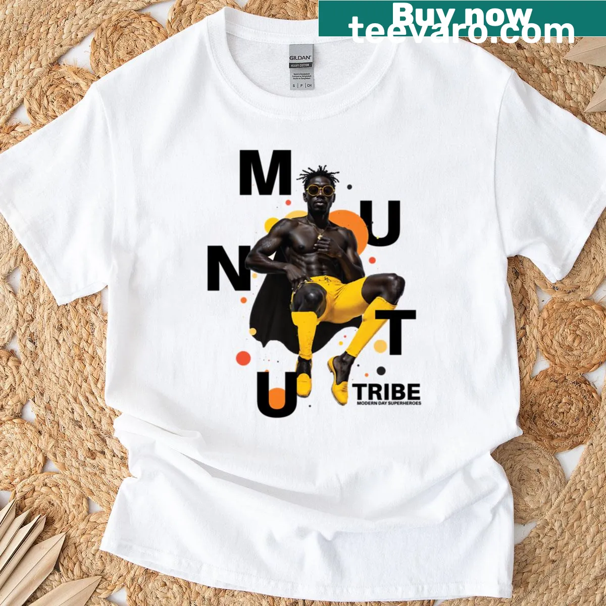 Illustration of a dynamic Afrofuturist hero on t-shirt — on a men's t-shirt