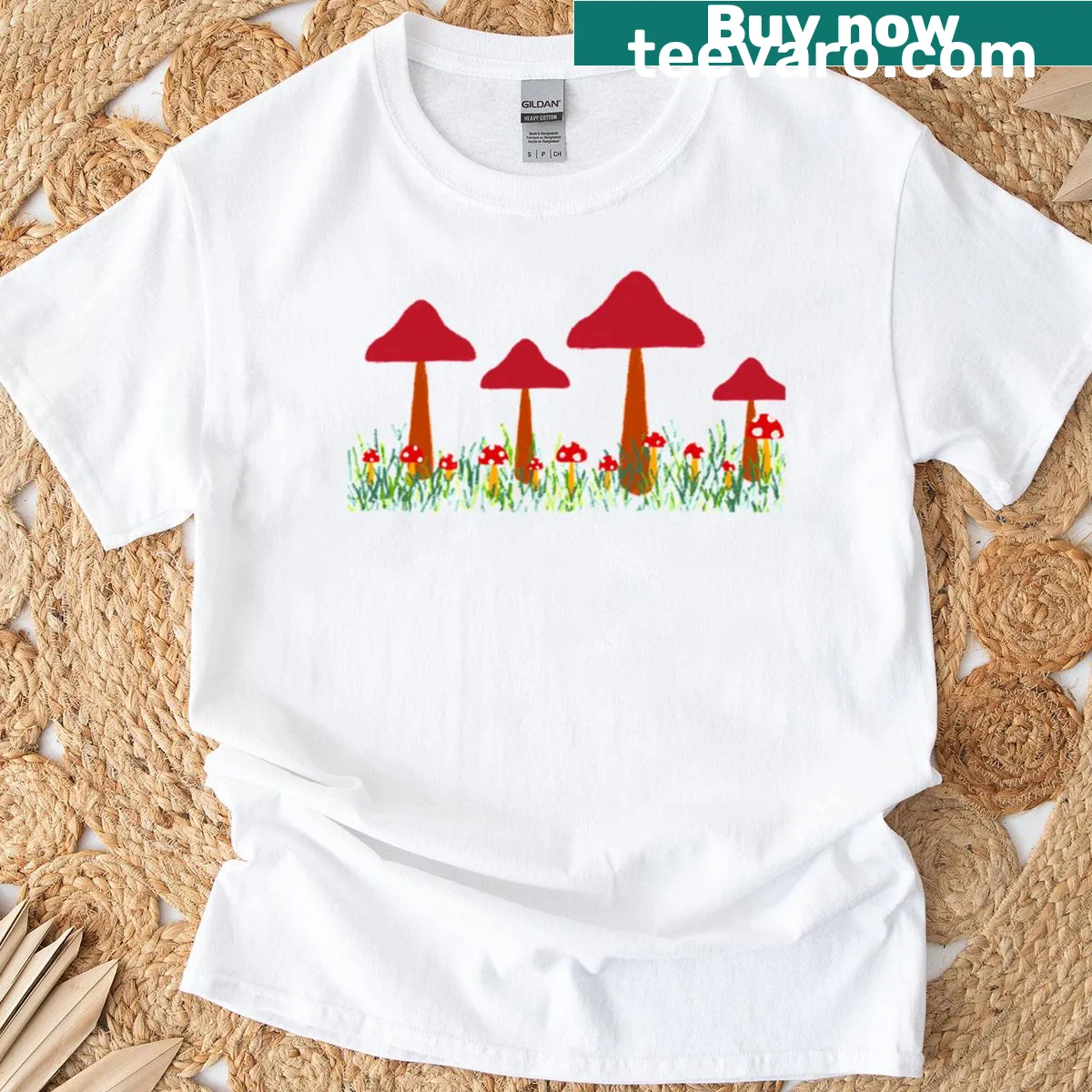 Mushroom illustration on a whimsical landscape — on a men's t-shirt