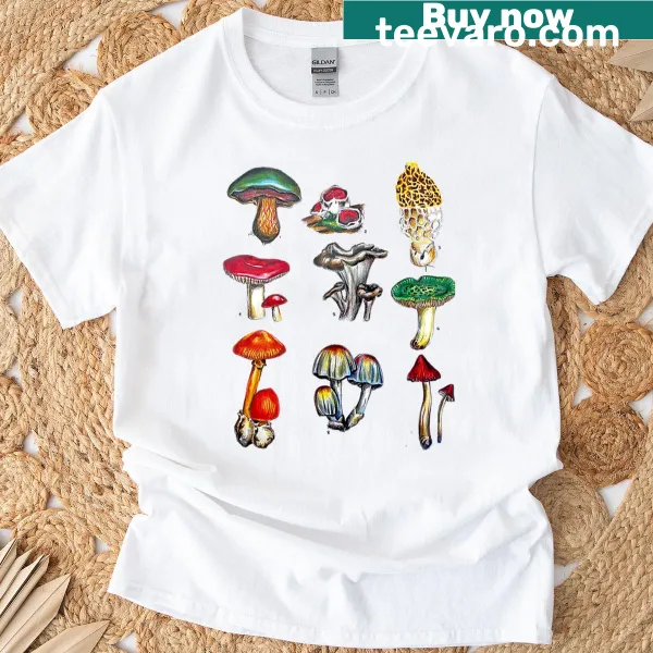 Graphic of various mushrooms on a nature-themed t-shirt