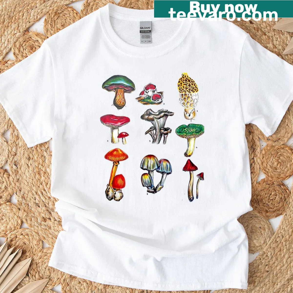 Graphic of various mushrooms on a nature-themed t-shirt — on a men's t-shirt