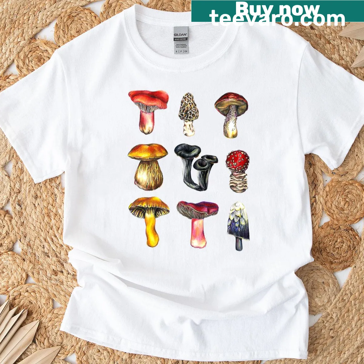 Charming illustration of assorted mushrooms on t-shirt — on a men's t-shirt