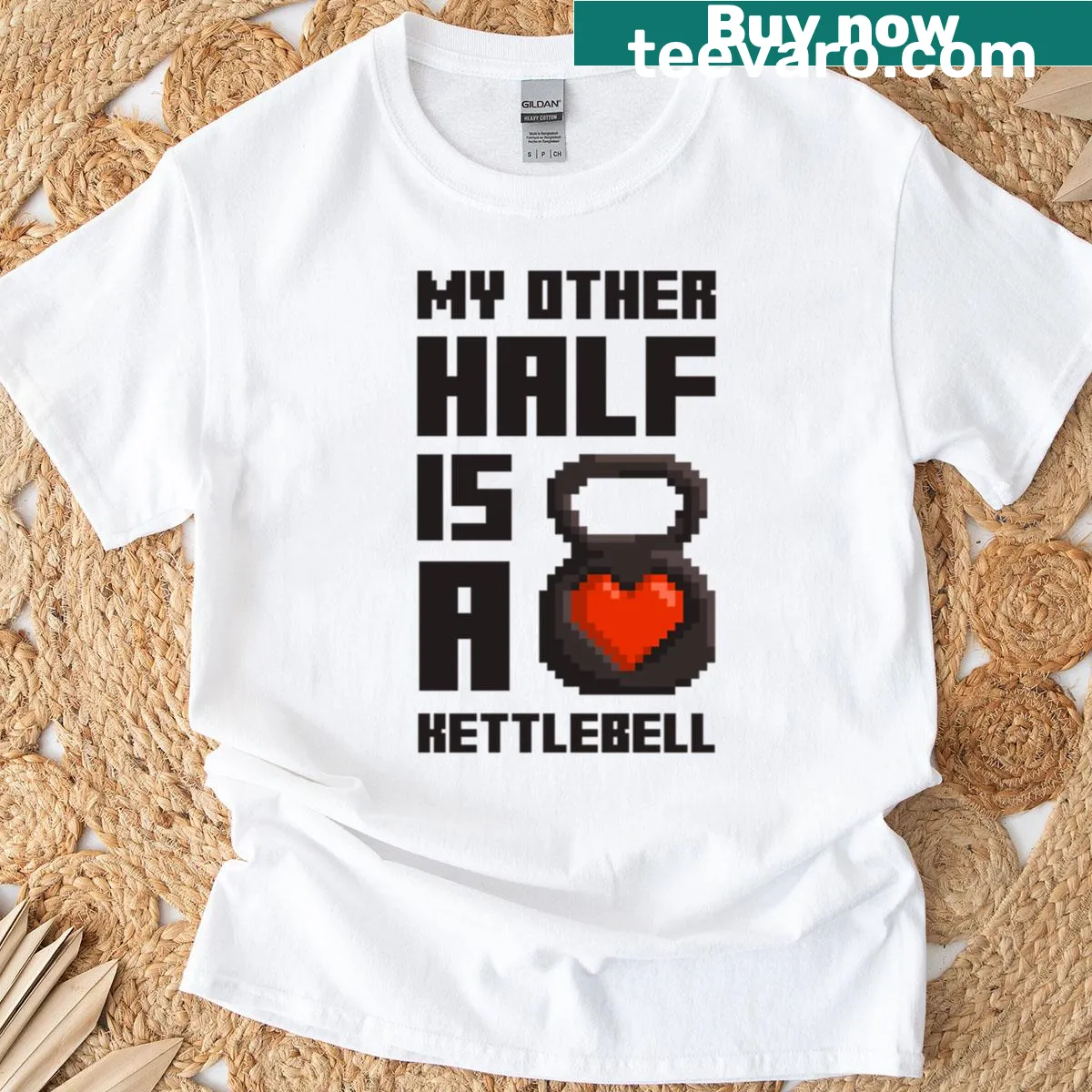 T-shirt with minimalist pixel art of a kettlebell. — on a men's t-shirt