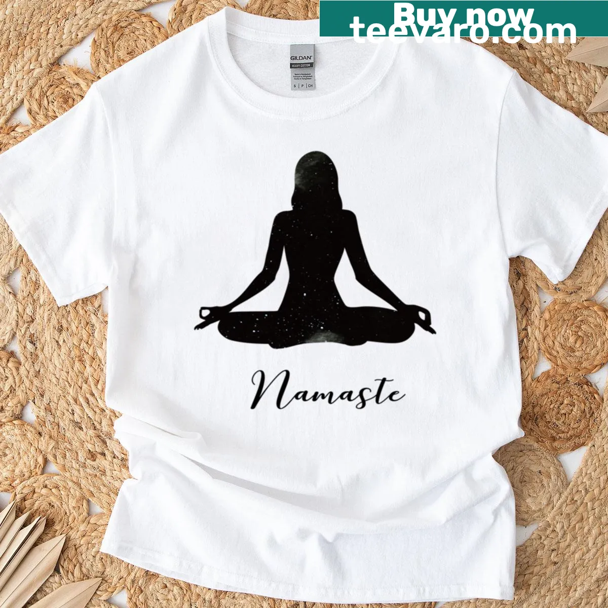 T-shirt featuring a peaceful yoga silhouette and 'Namaste' text. — on a men's t-shirt