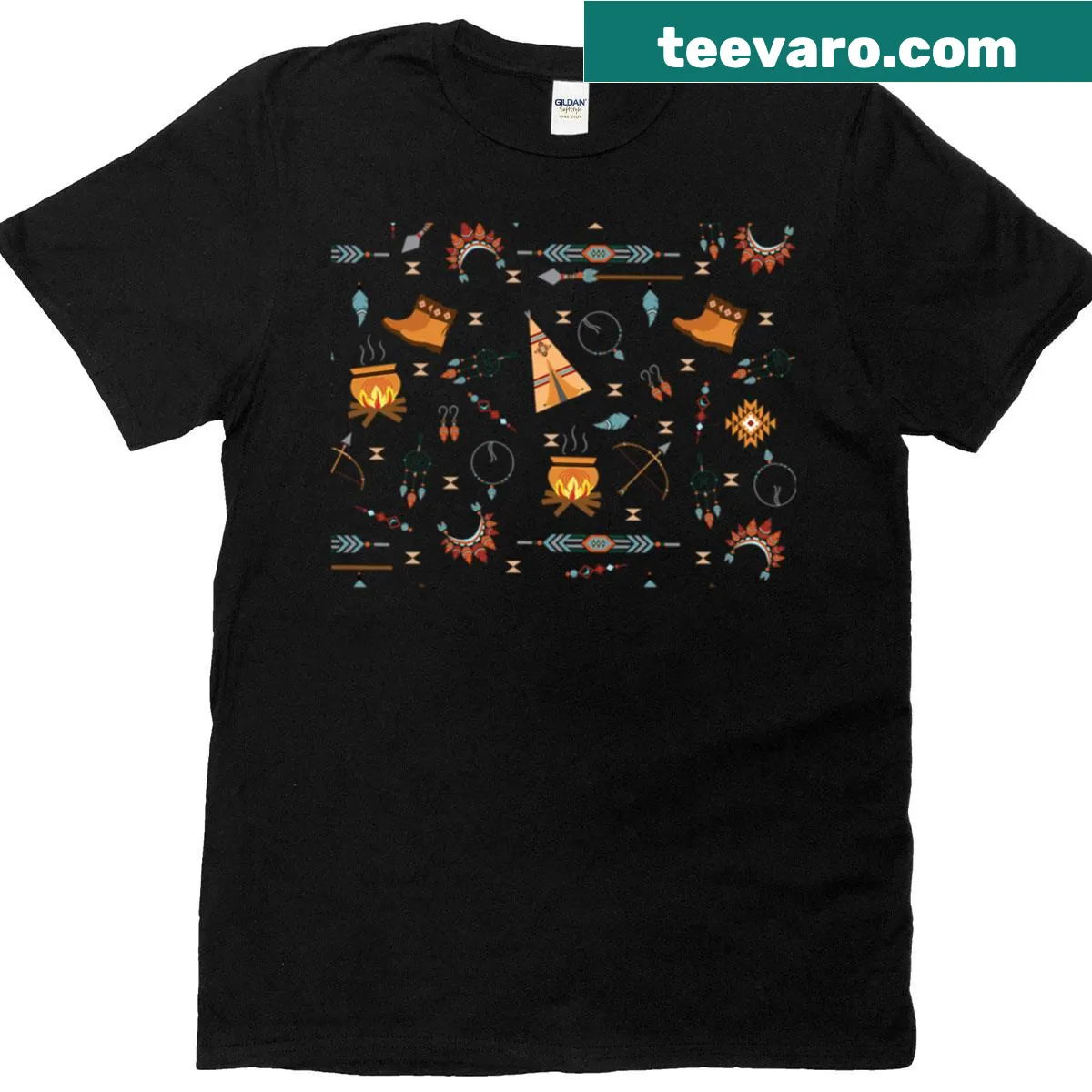 Tribal pattern featuring Native icons on T-shirt — on a men's t-shirt