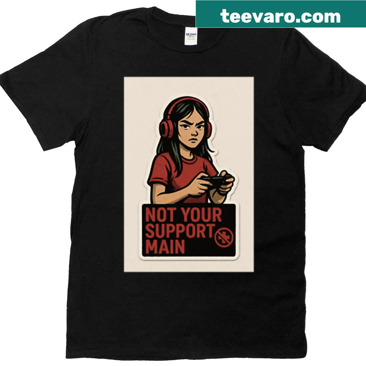 Funny gamer T-shirt with text about support roles — on a men's t-shirt