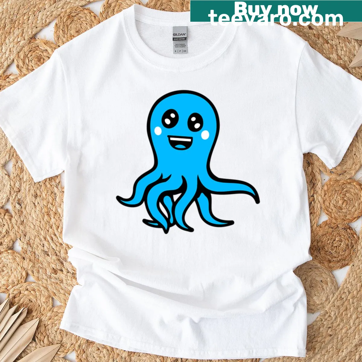 Cartoon drawing of a laughing octopus — on a men's t-shirt