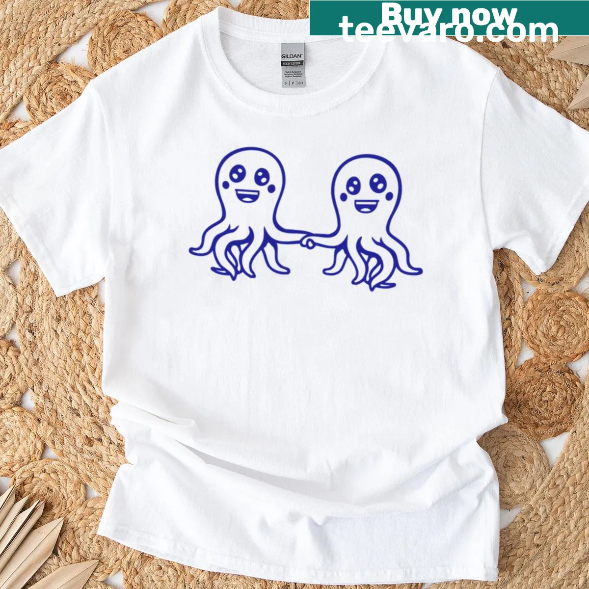 Cute T-shirt featuring two octopuses holding hands illustration — on a men's t-shirt