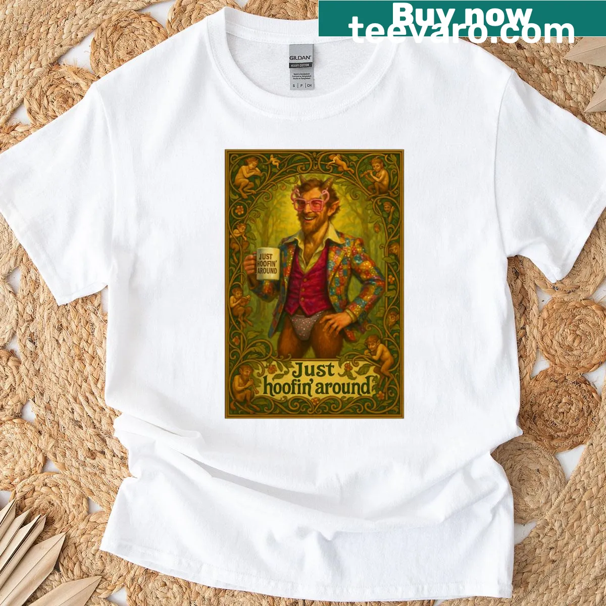 Cute illustration of a cheesy faun in a whimsical forest setting — on a men's t-shirt