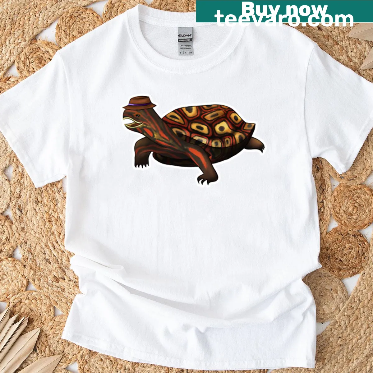 Illustrated painted turtle design on t-shirt — on a men's t-shirt