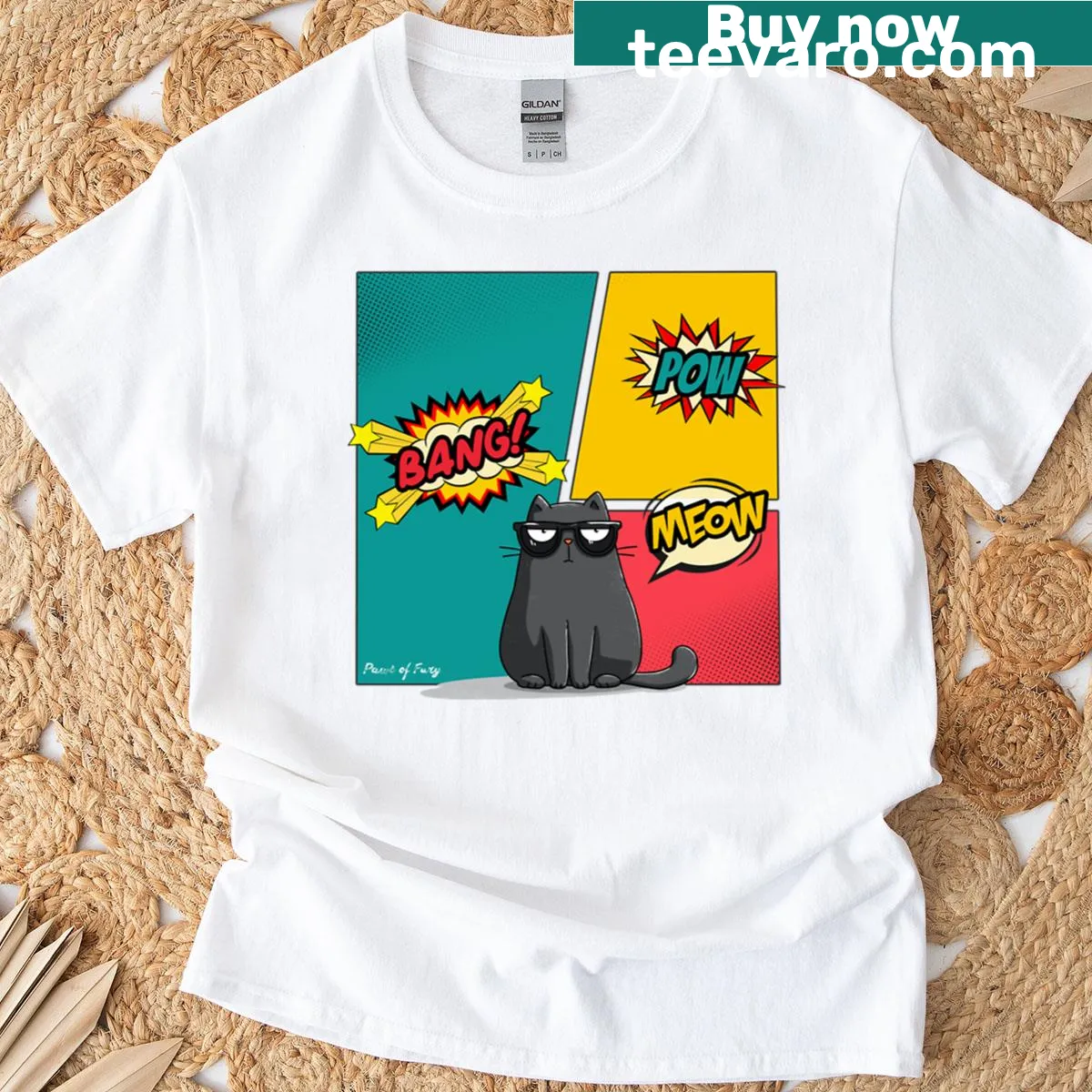 Humorous dog-themed illustration titled Paws Of Fury — on a men's t-shirt