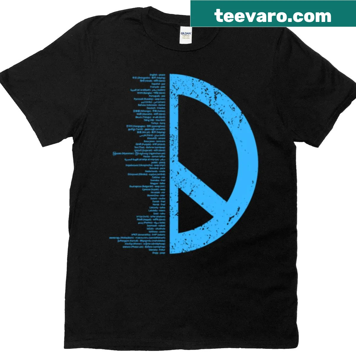 T-shirt with peace sign and the word 'Peace' in 60 languages — on a men's t-shirt
