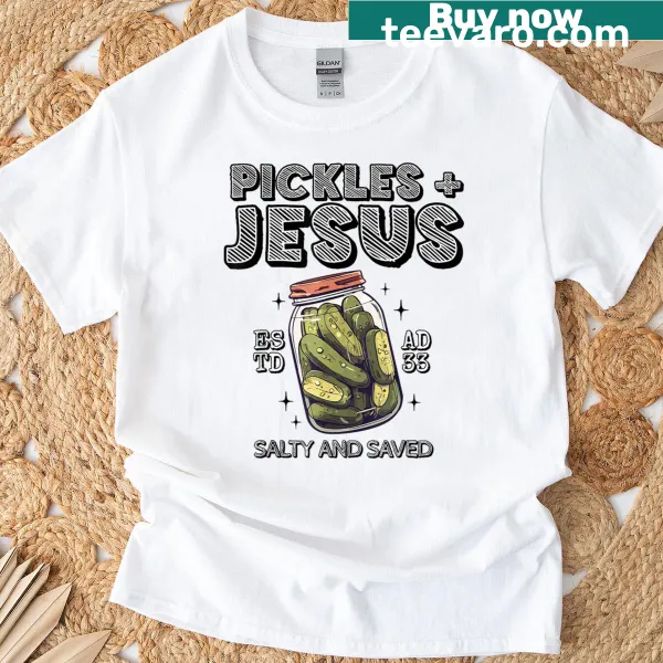 Whimsical t-shirt with the phrase 'Salty and Saved' related to faith