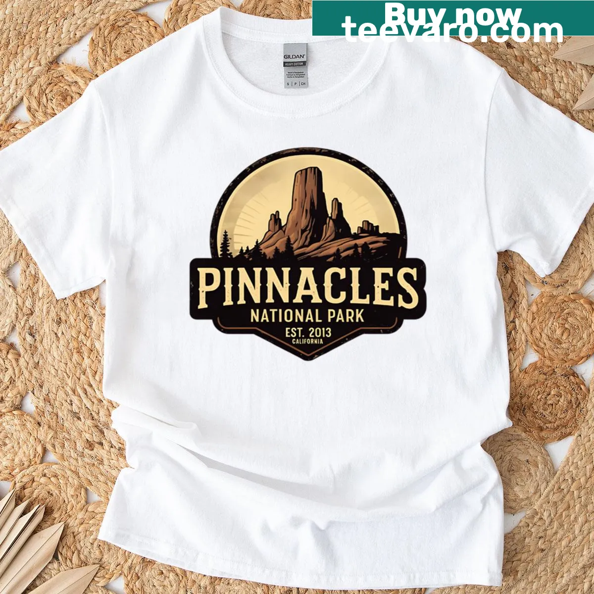 Illustrated t-shirt featuring landscapes from Pinnacles National Park, California — on a men's t-shirt