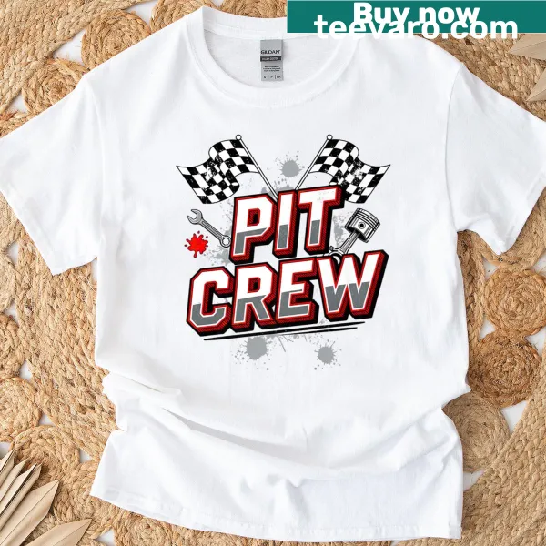 Cartoon style race car t-shirt featuring a pit crew design