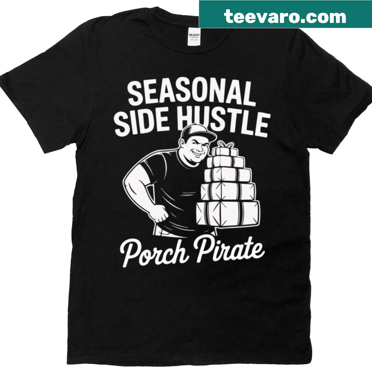 Porch Pirate Christmas t-shirt with playful typography — on a men's t-shirt