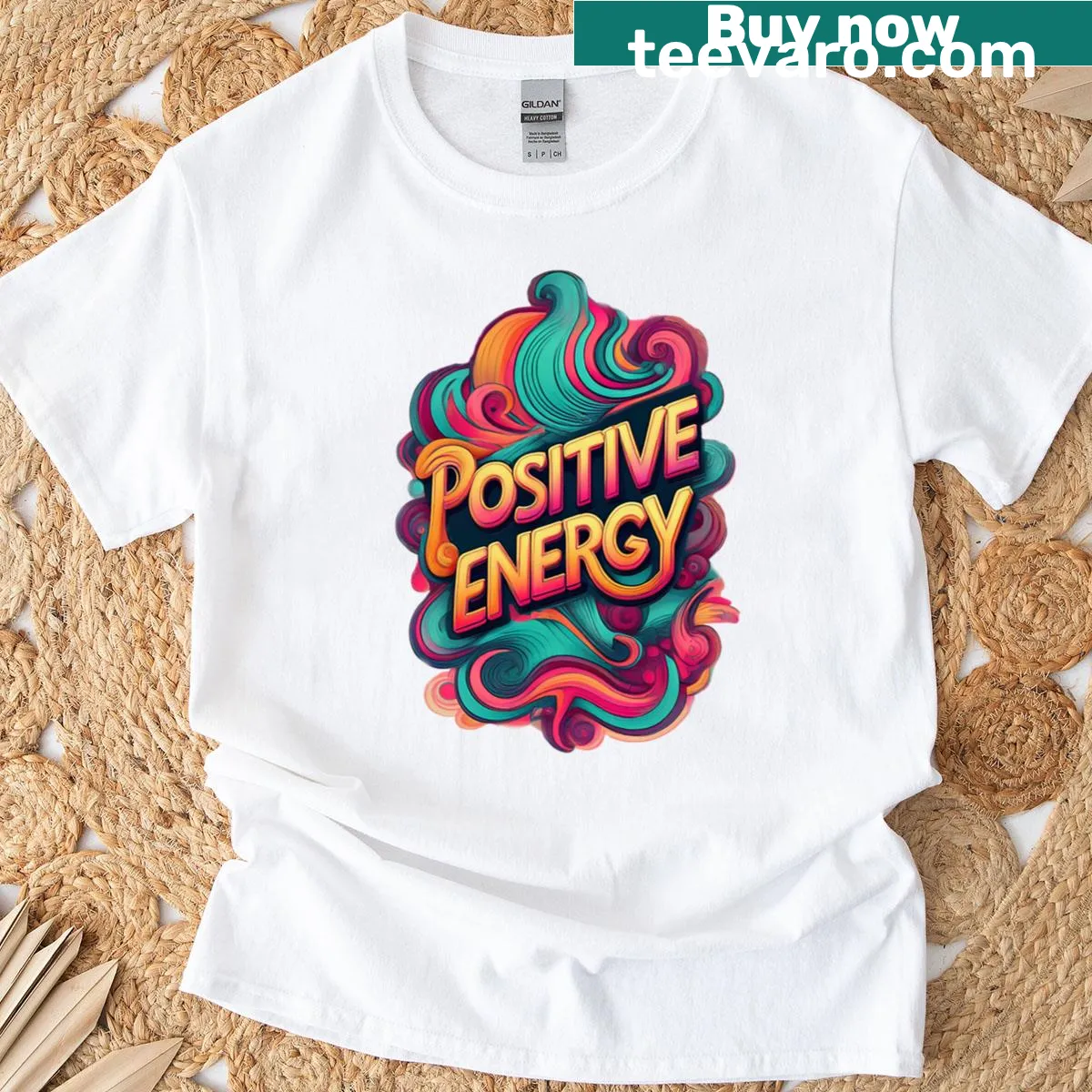 Wavy typography graphic t-shirt promoting positive energy — on a men's t-shirt