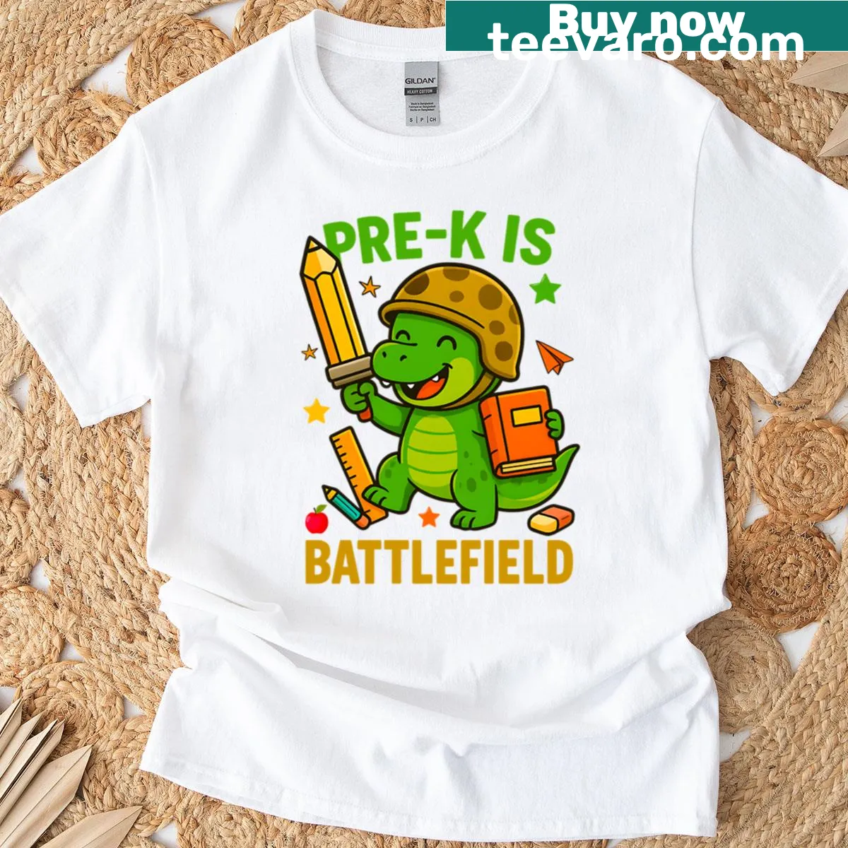 Funny dinosaur graphic t-shirt comparing pre-k to a battlefield — on a men's t-shirt