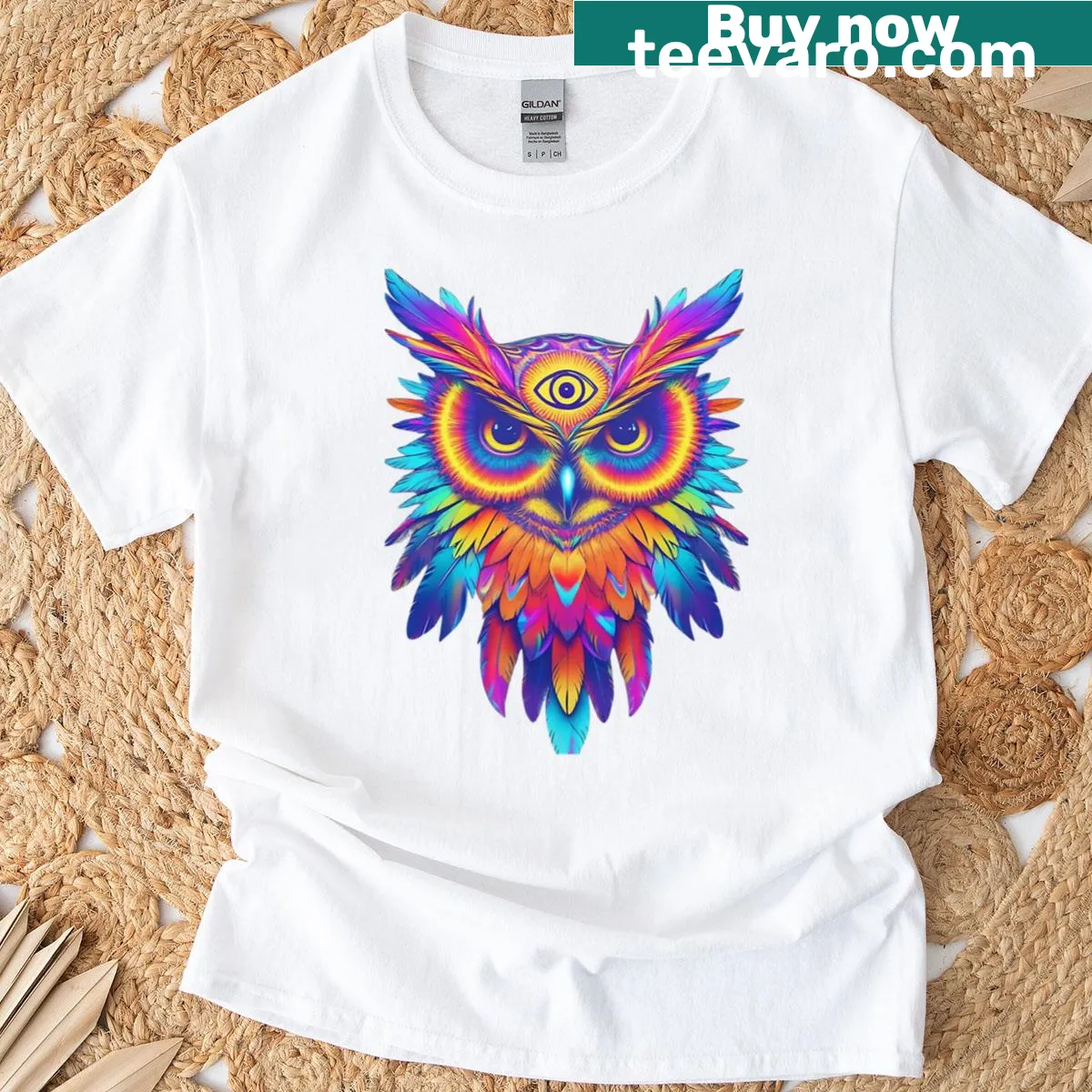 Psychedelic owl graphic T-shirt with third eye design — on a men's t-shirt