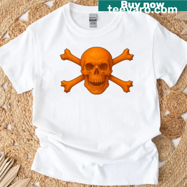 Halloween-themed t-shirt featuring pumpkin orange skull and crossbones