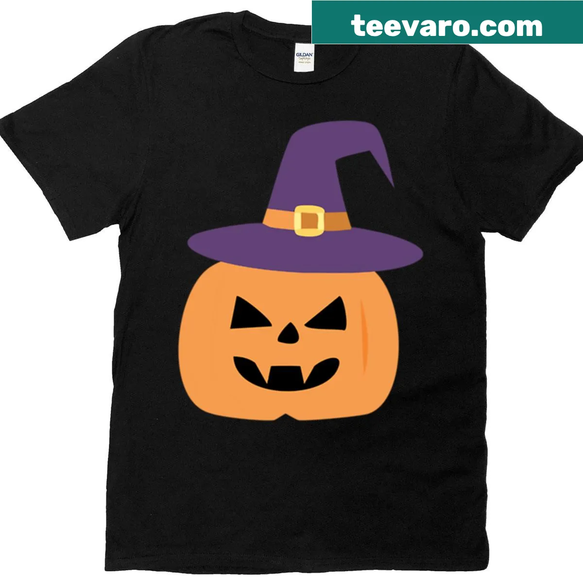 Illustrated pumpkin with a purple witches hat for Halloween attire — on a men's t-shirt