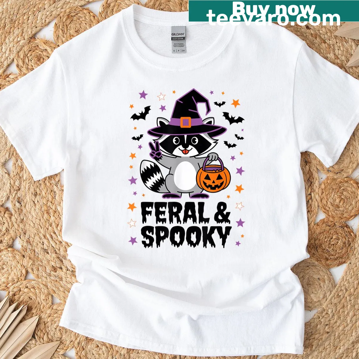 Spooky Halloween T-shirt with raccoon and jack-o-lantern — on a men's t-shirt