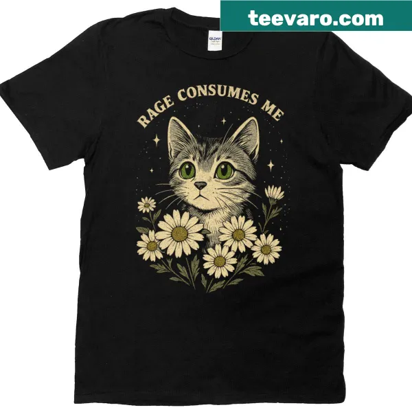 Comic-style cat meme with the text 'Rage Consumes Me' for humor