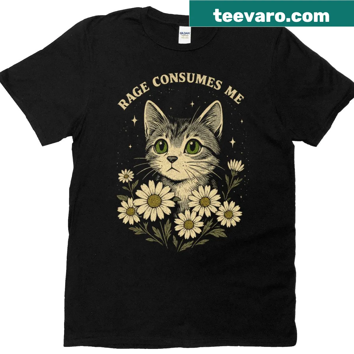Comic-style cat meme with the text 'Rage Consumes Me' for humor — on a men's t-shirt