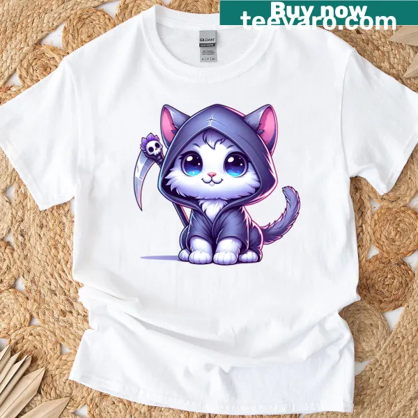 Kitty in a reaper's cloak graphic on a T-shirt